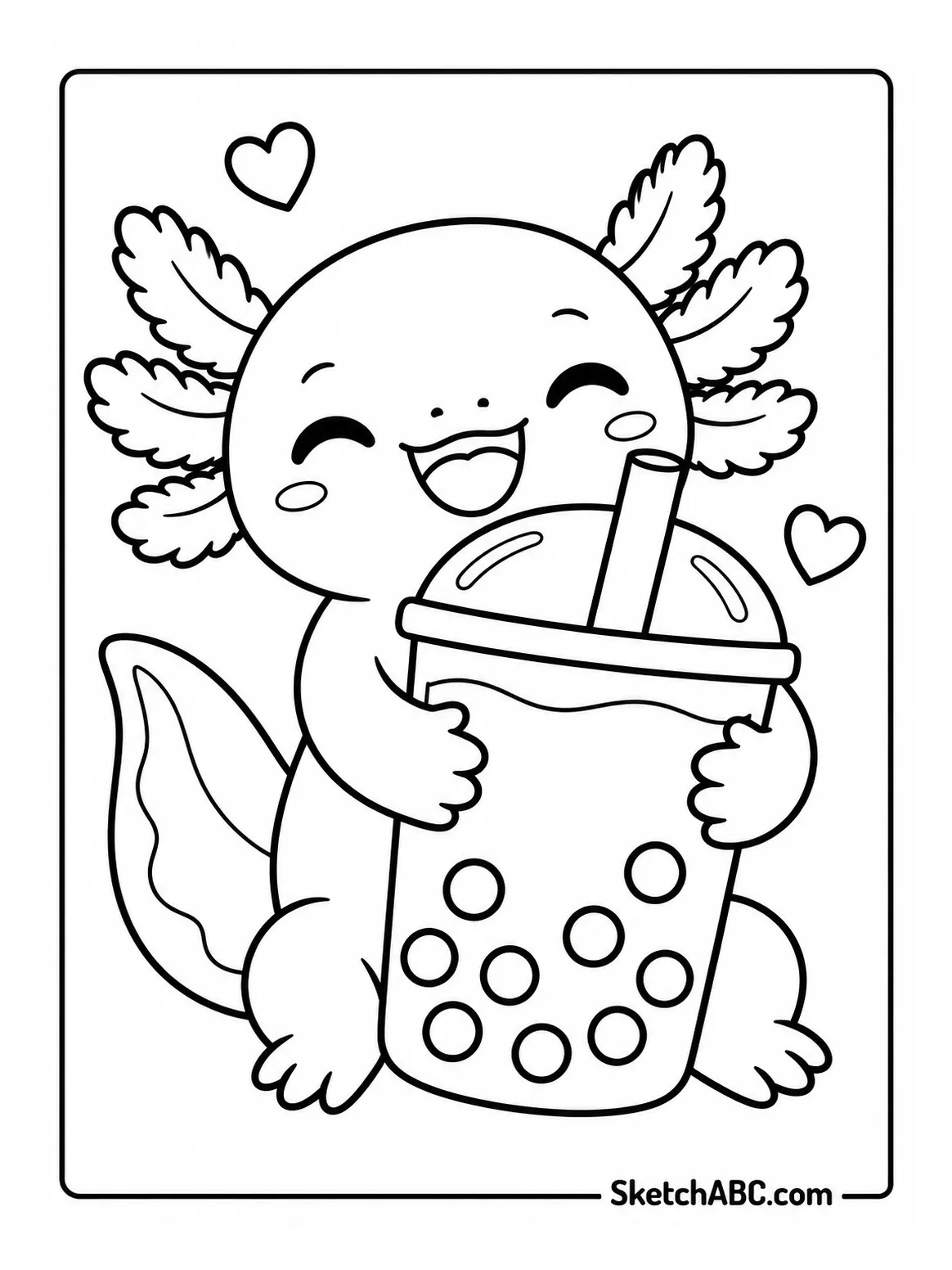 Kawaii Axolotl With Boba coloring pages