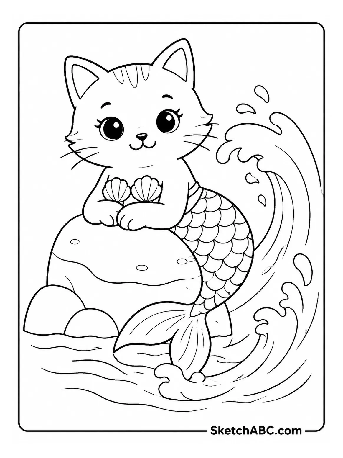 Mermaid Cat on a Rock coloring pages Mermaid Cat on a Rock coloring pages