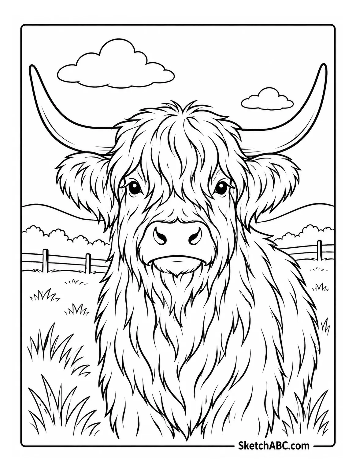Highland Cow Portrait in a Breezy Field coloring pages Highland Cow Portrait in a Breezy Field coloring pages