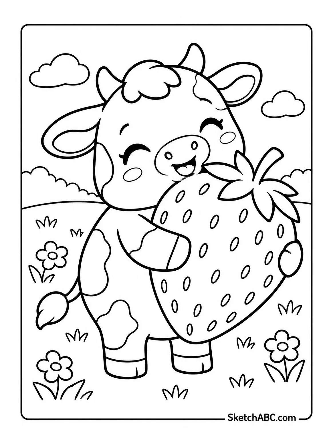 Kawaii Cow Hugging a Strawberry coloring pages Kawaii Cow Hugging a Strawberry coloring pages