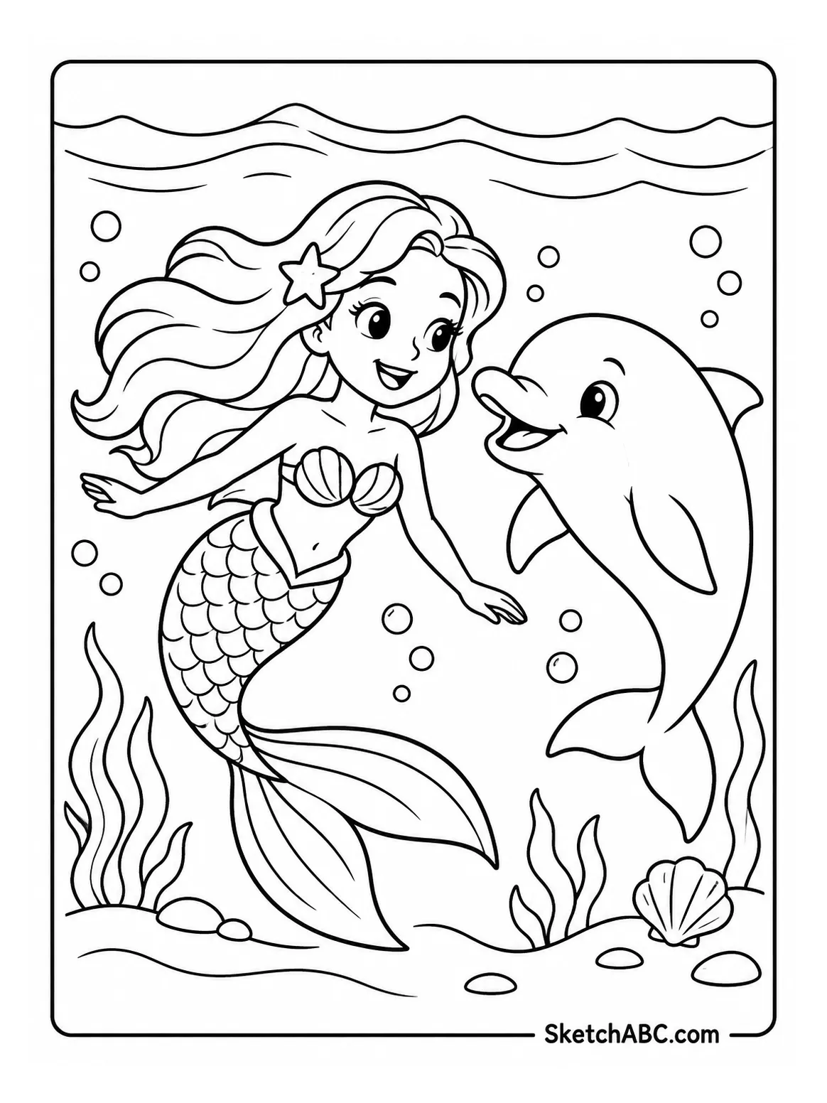 Mermaid and Dolphin Near the Waves coloring pages Mermaid and Dolphin Near the Waves coloring pages