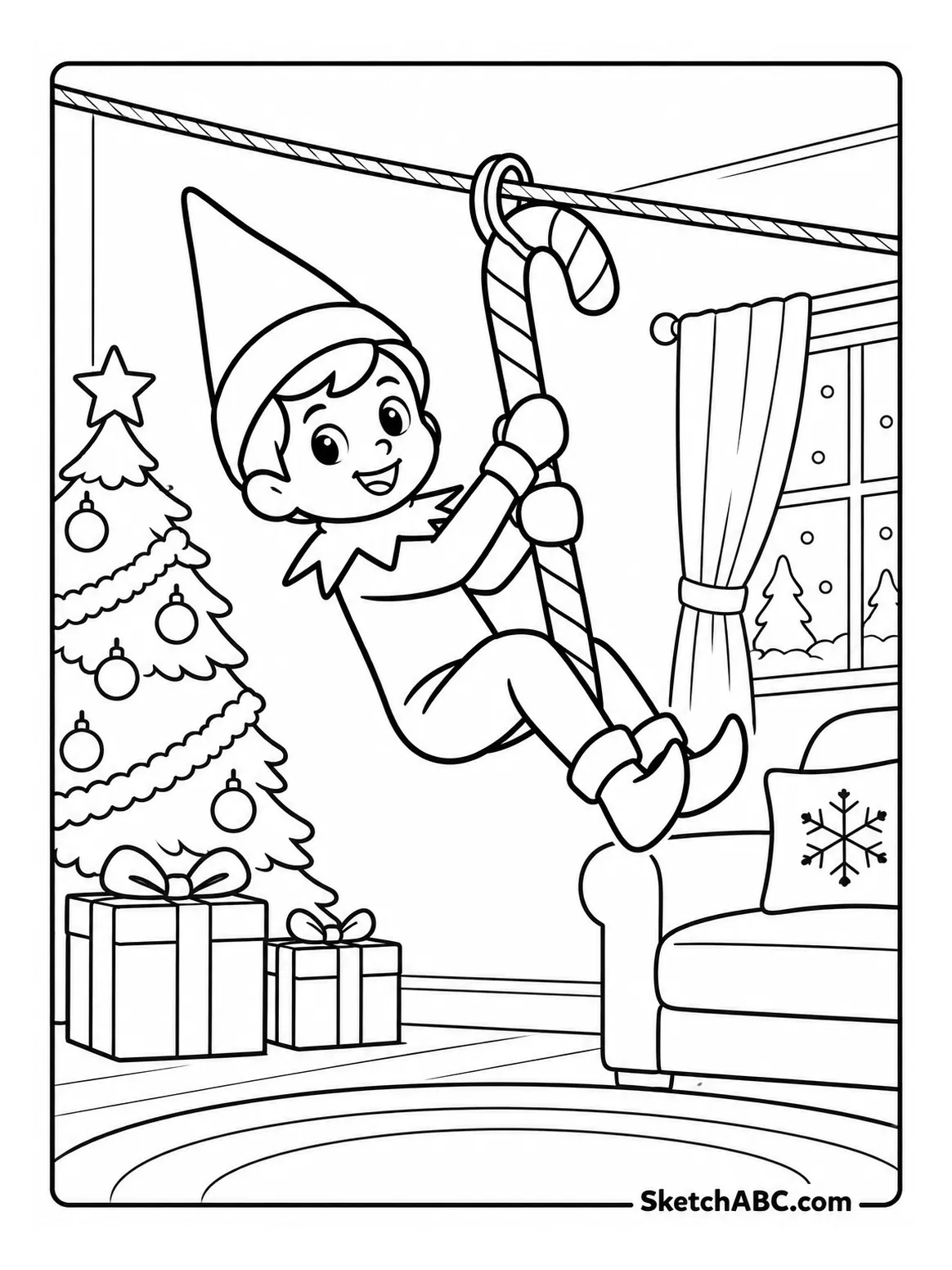Elf on the Shelf on a Candy Cane Zipline coloring pages