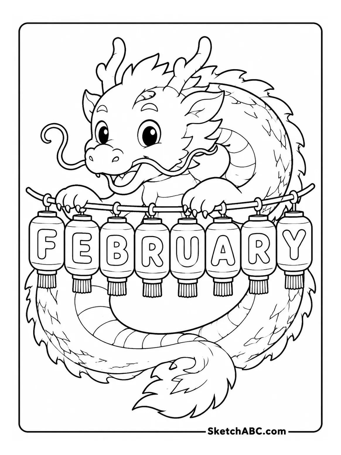Lunar Dragon With February Lantern Word coloring pages Lunar Dragon With February Lantern Word coloring pages