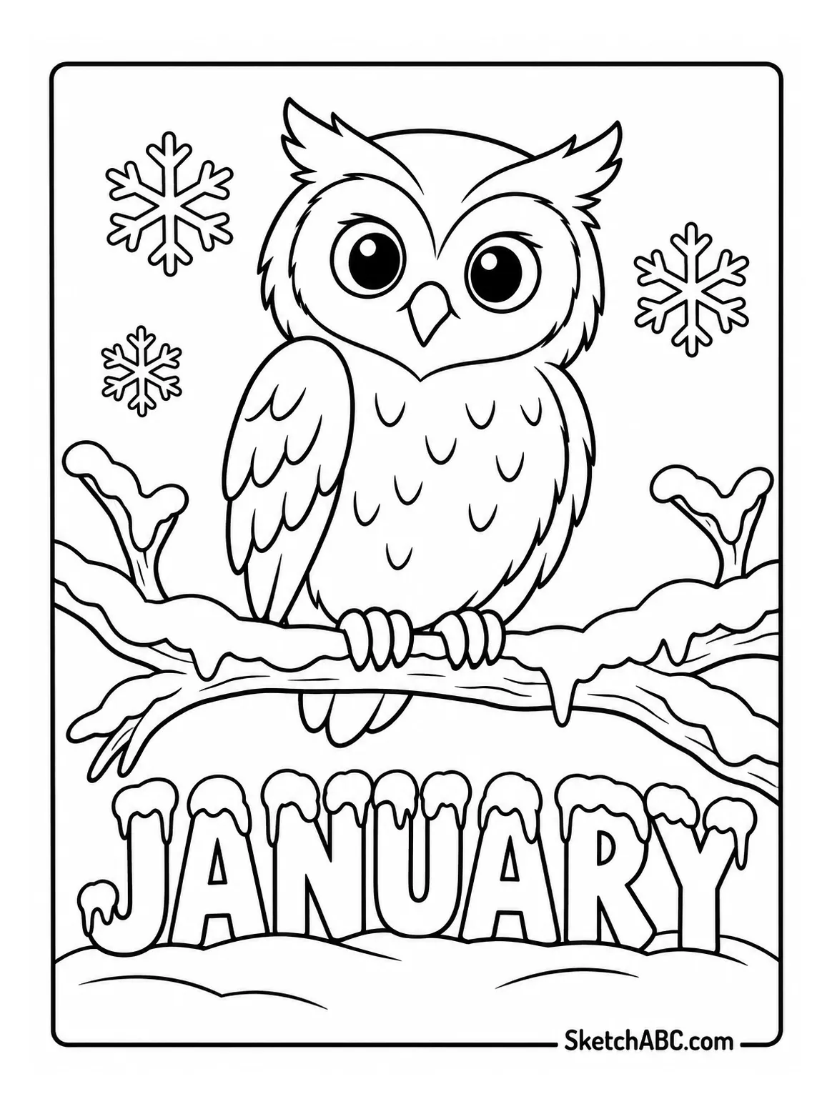Owl on Branch With Frosted JANUARY coloring pages