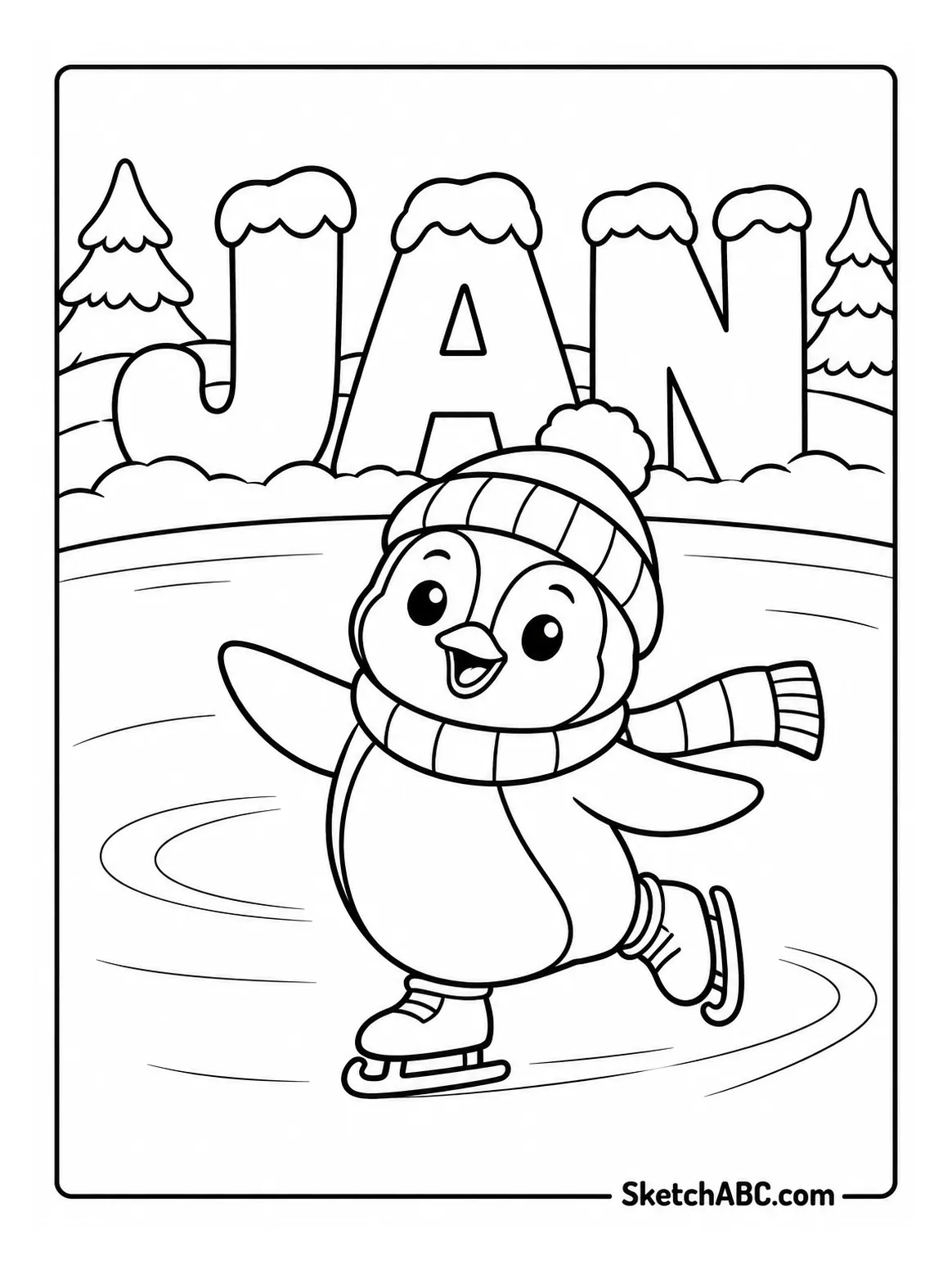 Penguin Skating Past Snowy JAN coloring pages