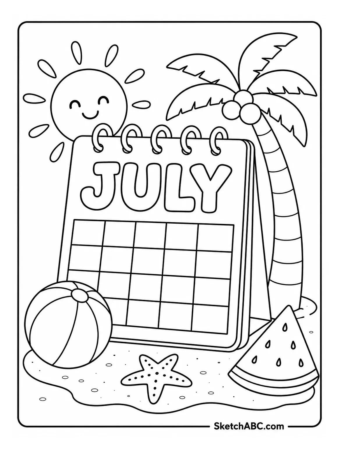 JULY Summer Calendar coloring pages