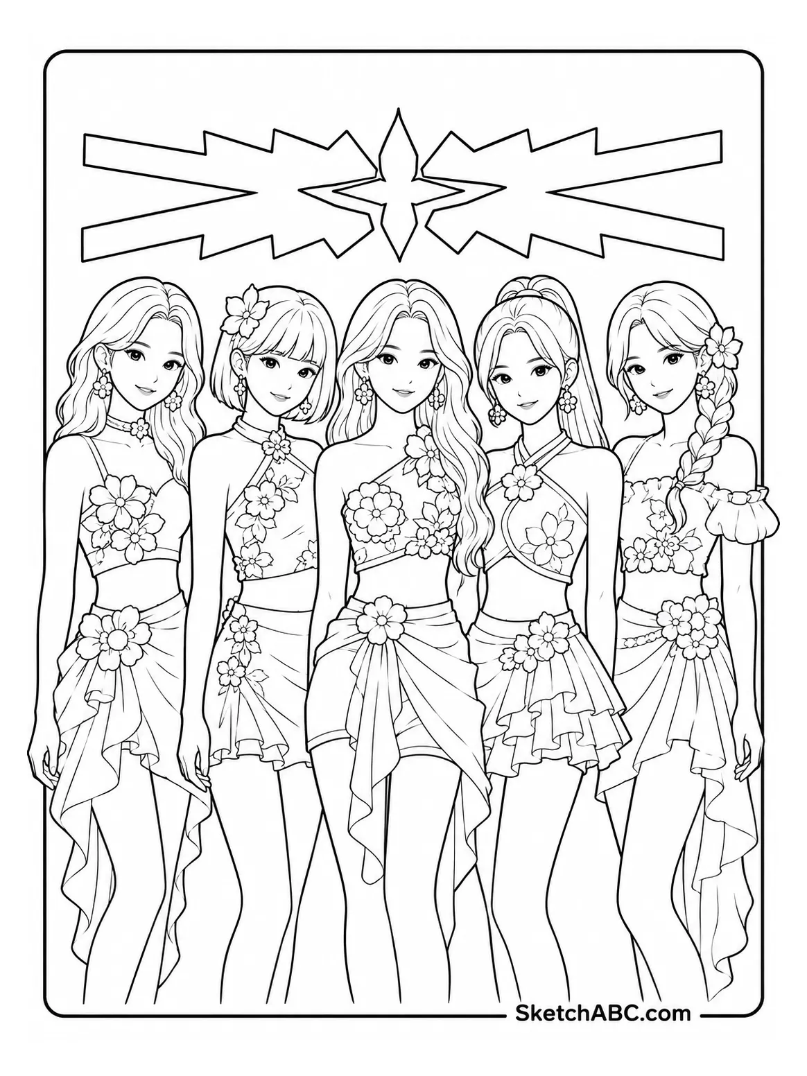LE SSERAFIM Floral Outfit Lineup coloring pages LE SSERAFIM Floral Outfit Lineup coloring pages