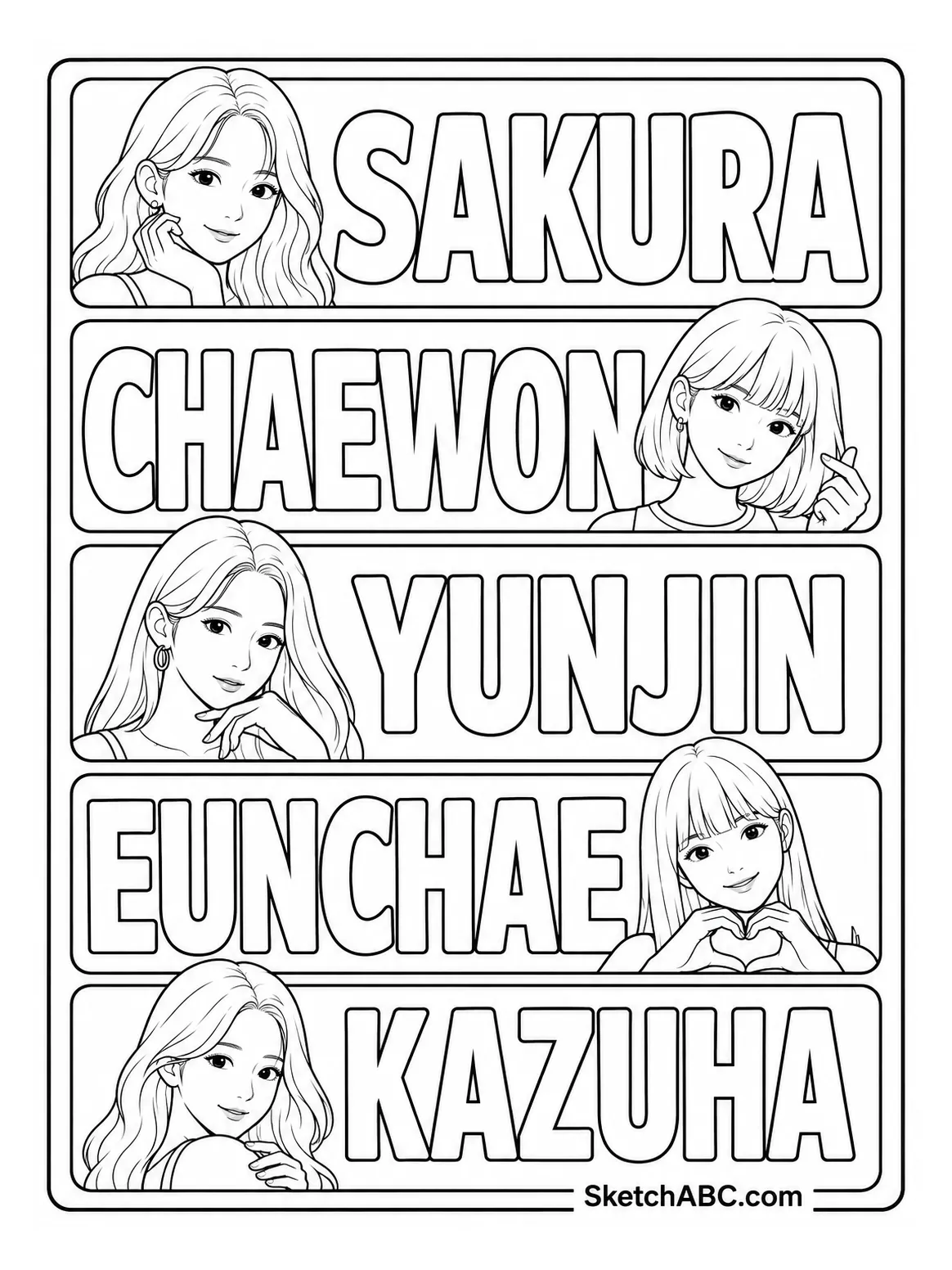 LE SSERAFIM Member Name Panels coloring pages LE SSERAFIM Member Name Panels coloring pages