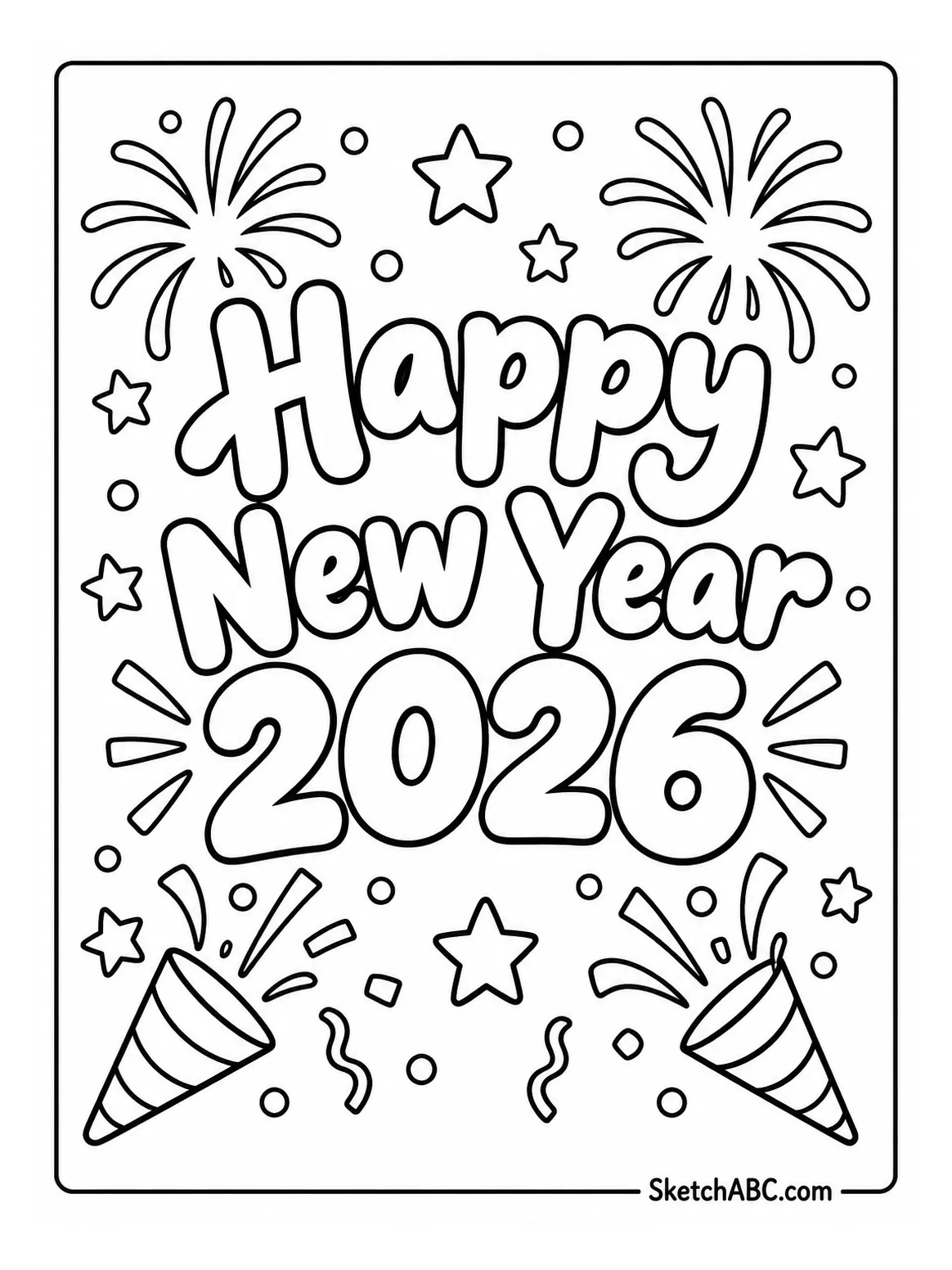 Detailed Happy New Year 2026 Lettering coloring pages