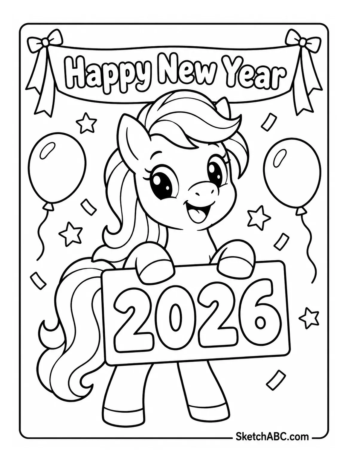 Happy New Year Pony with 2026 Sign coloring pages