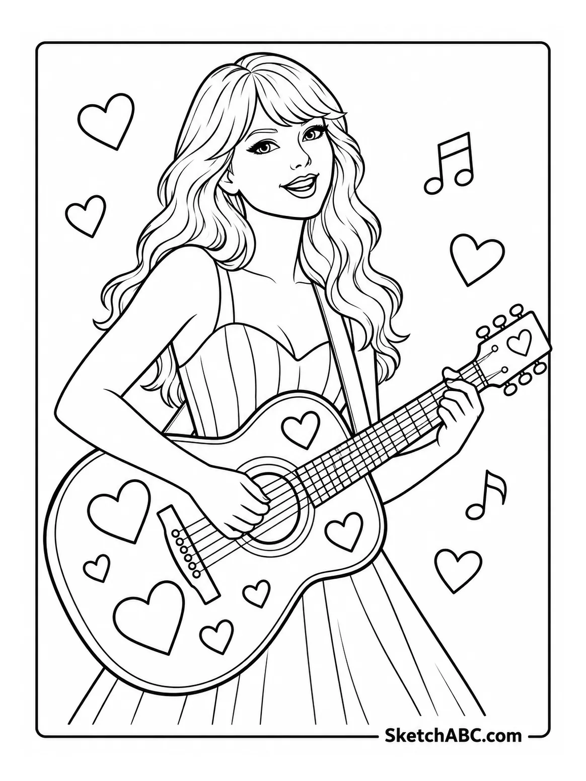 Cartoon Taylor Swift With Heart Guitar coloring pages